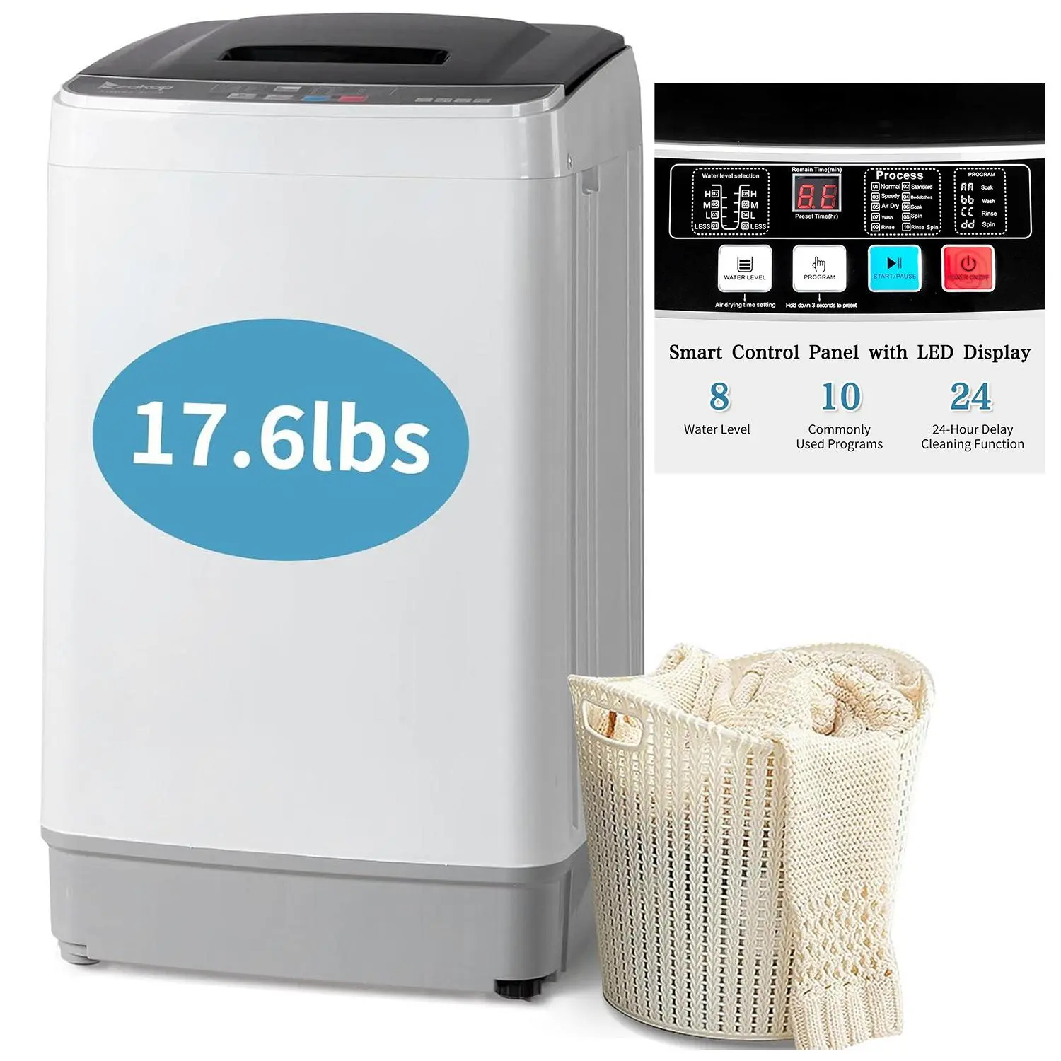 Full Automatic Washing Machine - 17.6Lbs Top Load Portable Mini Washer with Drain Pump, 10 Wash Programs, 8 Water Levels, 2-in-1 Washer Dryer for Apartments, RV Camping, Portable Washing Machine