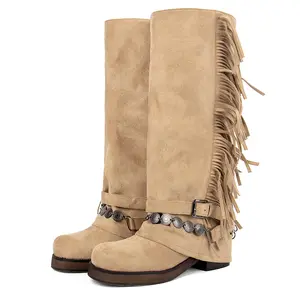 Women's Knee High Riding Boots with Fringes Buckle Straps Chunky Heel Square Toe Fold-Over