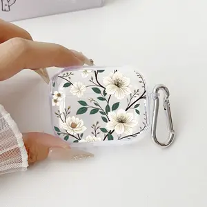 Plain White Flower Pattern TPU Soft Protective Case for Apple AirPods 4/3/2/1/Pro/Pro2 Transparent Earphone Cover with Keychain Attachment