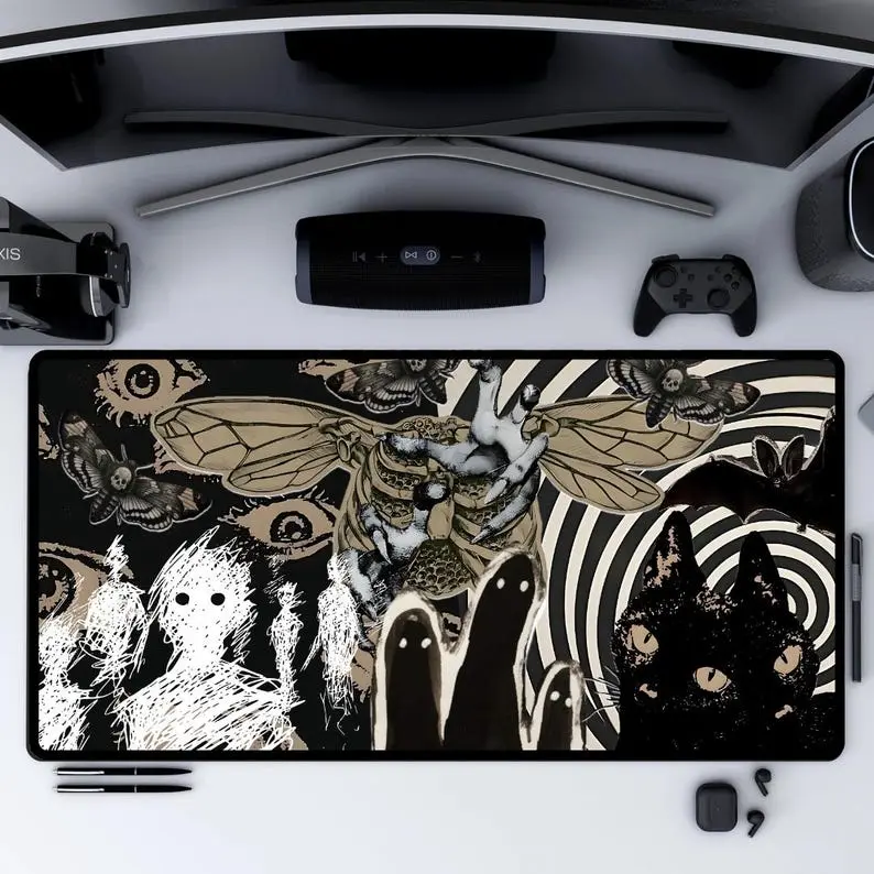Surreal Gothic Mouse Pad Dark Aesthetic Desk Mat Alt Horror Vibe Decor for Gamers Moths Pad Witchcore Girl Gift Dark Cottagecore Mat