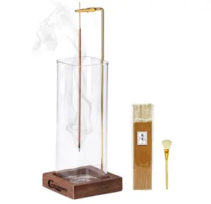 Ceremony Incense Holder, Wooden Incense Holder for Sticks with Glass Ash Catcher, Anti-ash Incense Burner with 20 Incense Sticks and a Ash Brush for Meditation Yoga Spa Room Decor