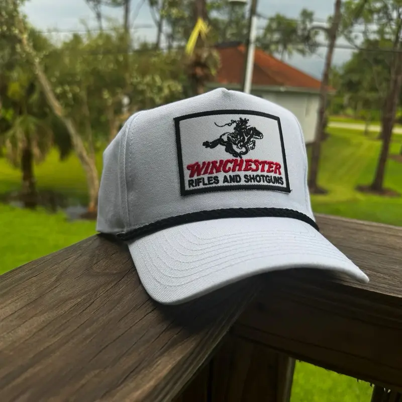 White Winchester Hat – Trucker Cap, Vintage Style Baseball Hat, Hunting Patch Cap, Retro Outdoorsman Gift, Rifle & Shotgun Logo Hat