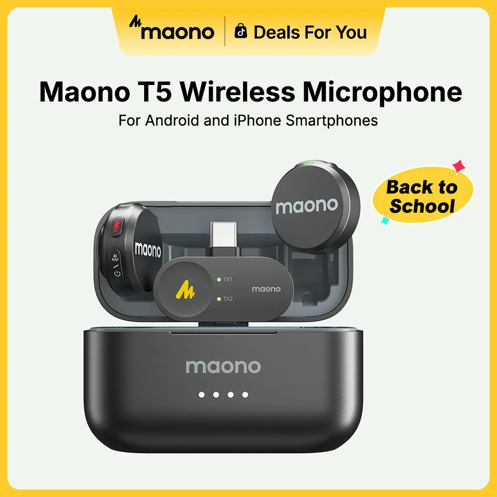 【Back To School】Maono T5 Adjustable Wireless Magnetic Clip-On Lapel Lavalier Microphone with Audio Noise Reduction, Magnetic Charging, Hands-Free Recording, Compatible with PC Camera, iPhone, Type-C Android, Ideal for Vlogging, Interviews,
