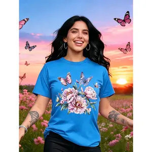 100% cotton, elegant butterfly and floral pattern printed short-sleeve round-neck casual women's T-shirt, soft and comfortable, light and breathable, suitable for spring, summer, and autumn