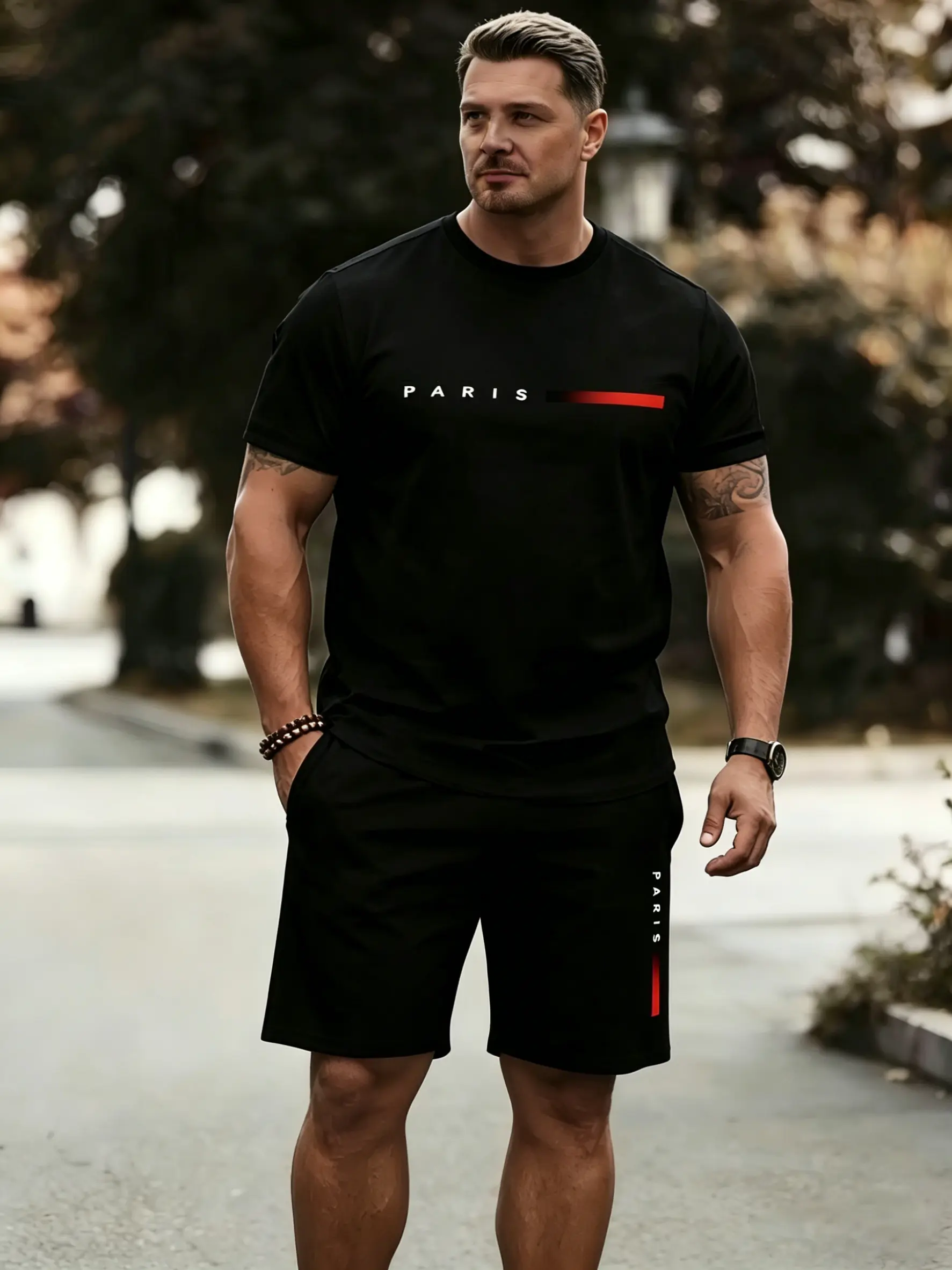 Summer men's fashionable breathable lightweight short sleeved T-shirt and shorts set, a regular outdoor clothing suitable for daily wear in summer Menswear Gamis