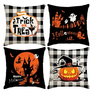 Halloween Themed Pillow Case, 4 Counts/set Square Pillow Cover without Filler, Halloween Decoration for Home Living Room Bedroom Sofa Couch