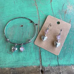 Love Bangle and Earrings in Pink - Elegant Design with Heart-Shaped Charms and Simple Beads