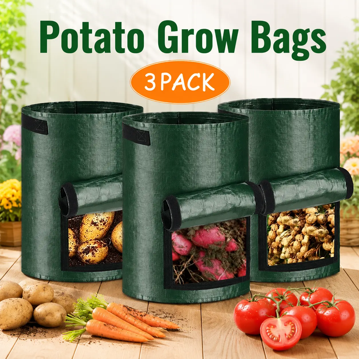 10 Gal Garden Potato Grow Bags, 3-Pack Heavy Duty Aeration Fabric Pots with Flap & Handles, Breathable Root Vegetable Planters