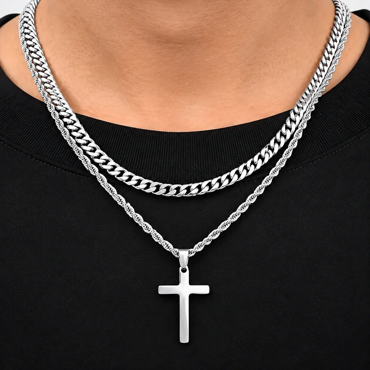 Men's Double-Layer Cross Cuban Chain Necklace - Silver Polished Metal, Cross Pendant, Flat Cuban-Twist Rope Chain, Streetwear Men's Accessories, Daily Fashion Gift