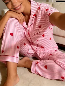 Women's Short Sleeve Long Pants Cardigan Pajama Set, Stripe Heart Full Print, Casual Slim Fit Home Wear, Loungewear, All Seasons
