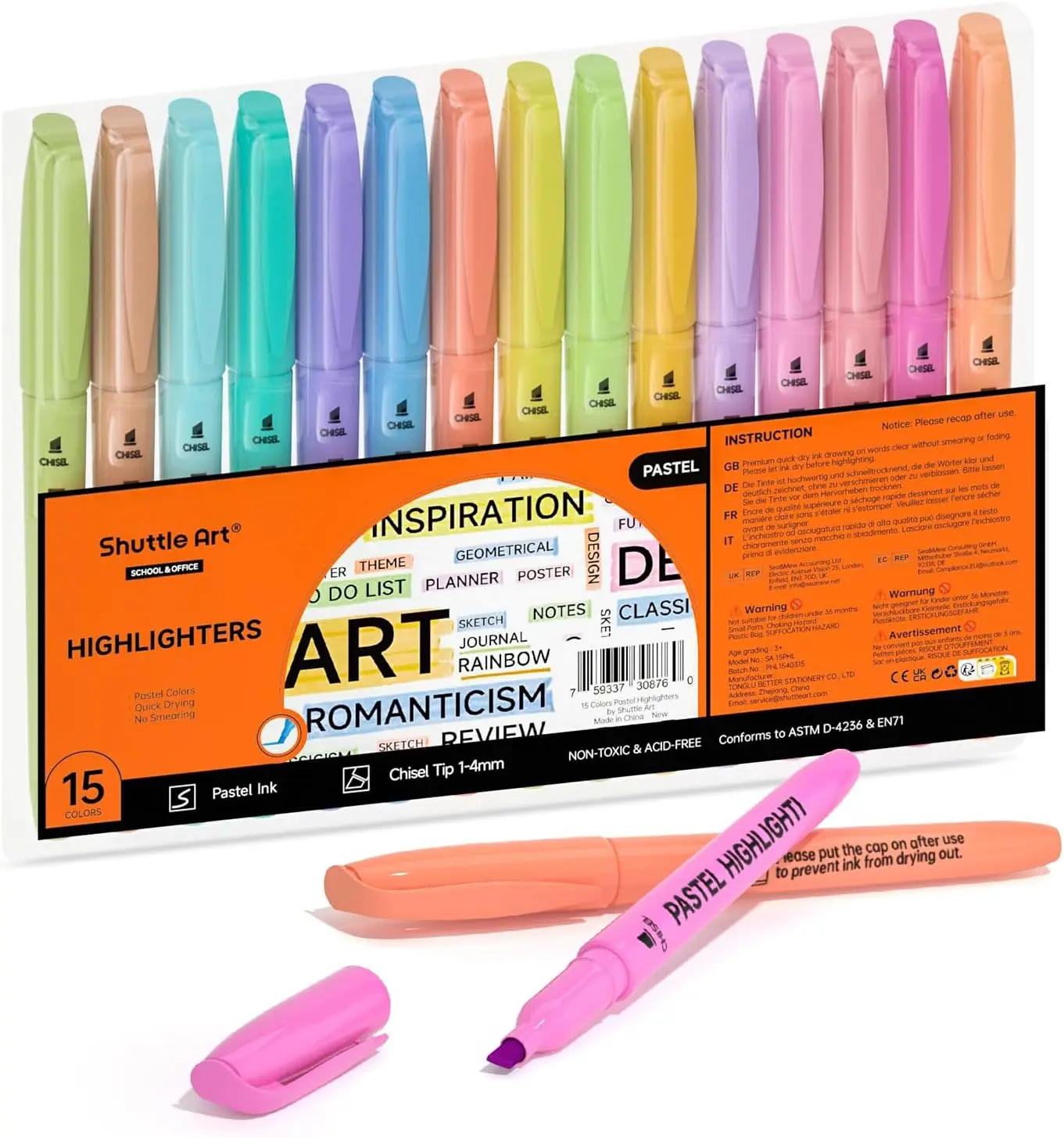 Shuttle Art Highlighters, 15/30 Pack Highlighter Pens Assorted Colors, Chisel Tip Dry-Quickly Non-Toxic Highlighter Markers for Highlighting in the Home School Office