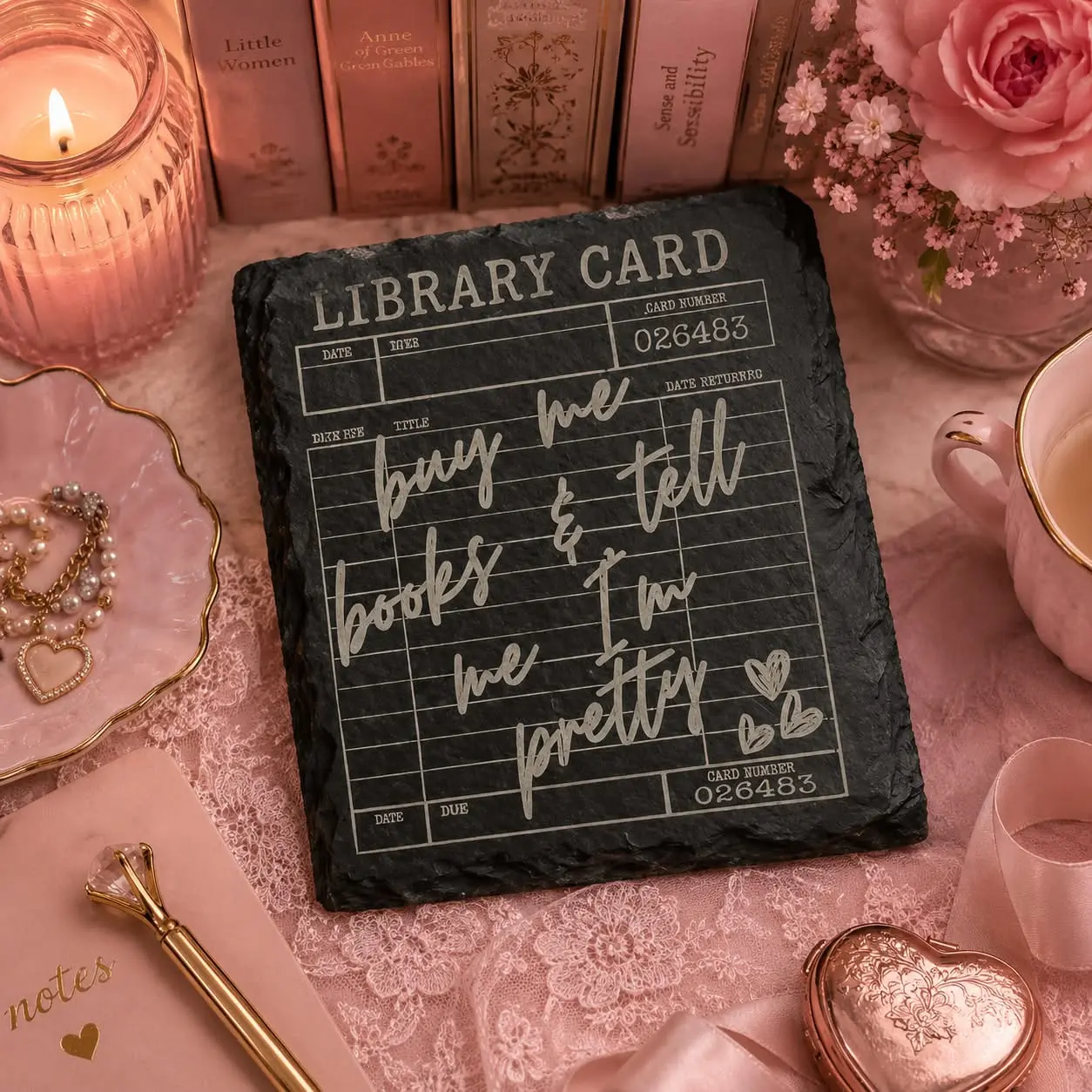 Handmade Square Natural Slate Library Card Coaster - Laser Engrave "Buy Me Books, Tell Me I'm Pretty" Design, Vintage Kitchen Tableware, Approx. 4x4 Inches, Ideal for Book Lovers, Coffee Use, Birthday Gift