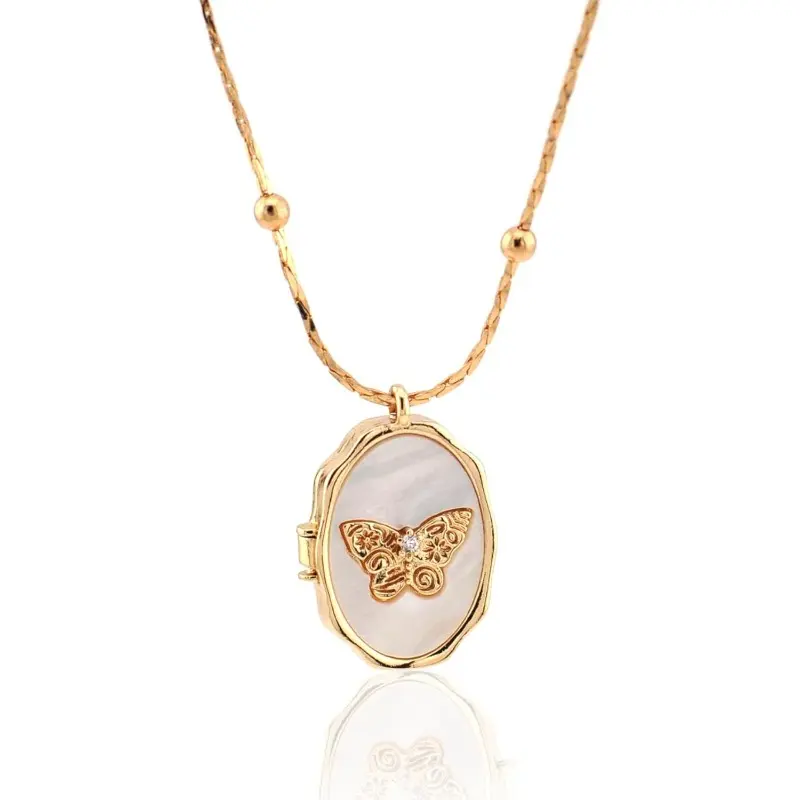 Women's Dainty Open-Locket Butterfly Necklace, 18k Gold Plated with CZ Shell Charm, Adjustable Chain, Personalized Gift for Her