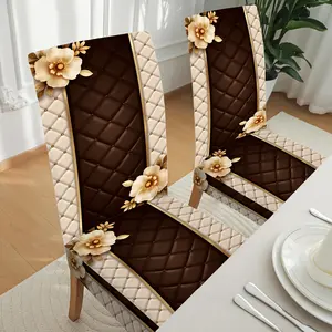 4/6pcs  Elastic Dining Chair Covers Quilted Brown with Floral Pattern