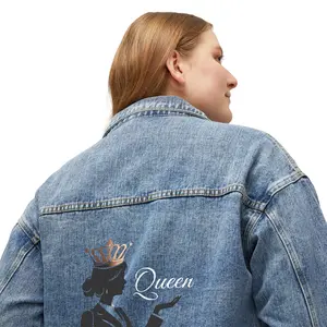 Women's Denim Jacket with Queen Graphic, Stylish Casual Jacket, Trendy Fall Outerwear, Perfect Gift for Her, Queen Graphic Fashion Womenswear Coats
