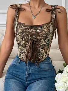 Printed Corset Style Shapewear Tank Top, Cross Strap Design, Perfect for Underwear & Outerwear, Vintage Embroidered Waistcoat, Strappy Bodysuit