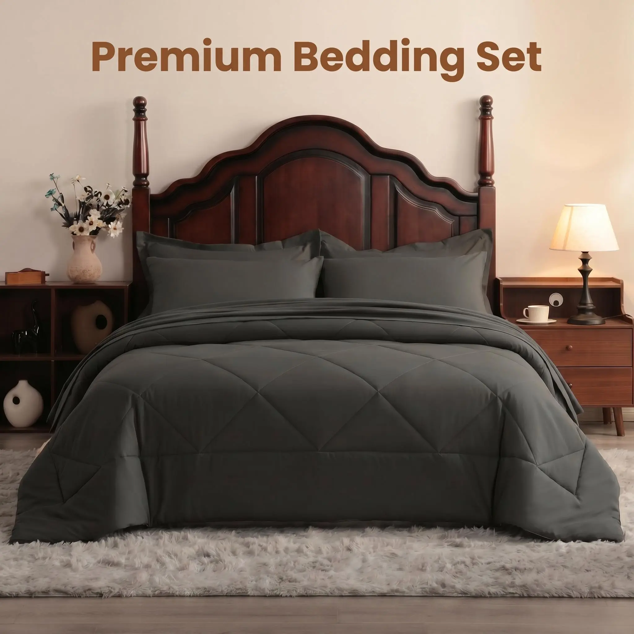 Bedsum 5/7 PCS Bed in a Bag, Cooling Microfiber Comforter Set, Soft Fluffy Breathable Hotel Luxury Solid Color All Season Bedding with Deep Pocket Sheets & Pillowcases, Back to School Gift king ideal holiday queen