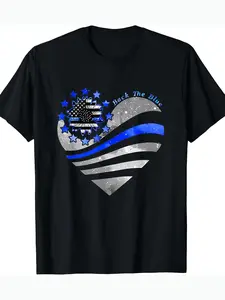 Sunflower Fine Blue Line Police Heart Support Police Law Enforcement T-shirt 220g, Halloween, clean design, daily wear, Thanksgiving, fade-resistant, Christmas Eve, for adults