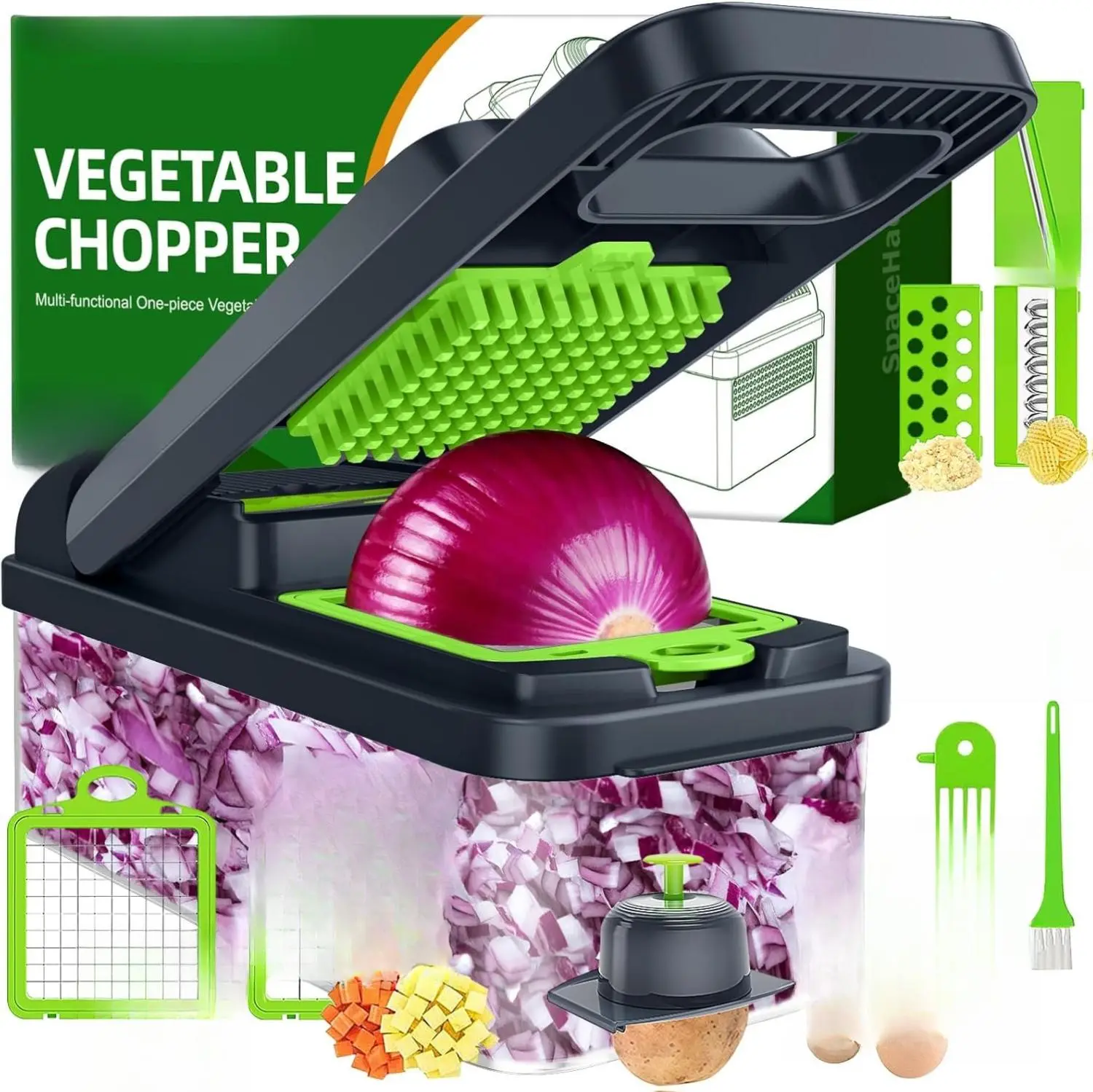 Vegetable Chopper Vegetable Cutter, 12 in 1 Kitchen Gadget, Dicer, Slicer, Onion Cutter, Salad, Cheese Grater & Egg Separator - Multi-Functional Veggie Chopper Lid with Handle Plastic Stainless Utensils Scraper Steel
