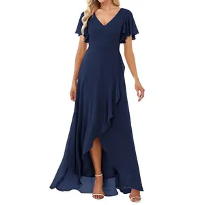 New Women's Double V-neck Backless Chiffon Dress Solid Color Short Sleeve Long Dress Party Bridesmaid Evening Dress Womenswear Chic Shortsleeve Vneck