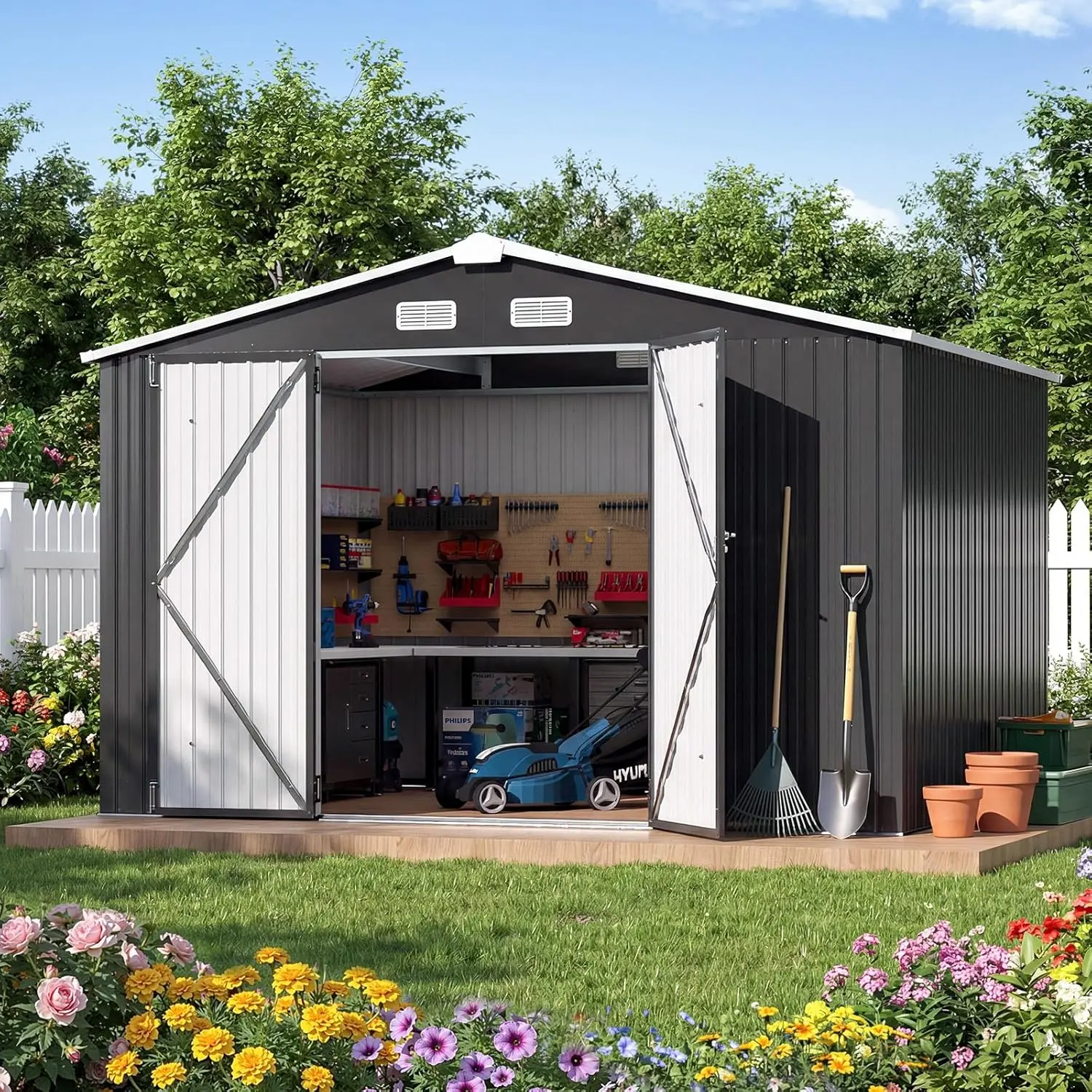 Aoxun Outdoor Storage Shed, Utility Steel Tool Shed with Lockable Door and Air Vents, Galvanized Metal Shed for Garden Backyard Patio Lawn