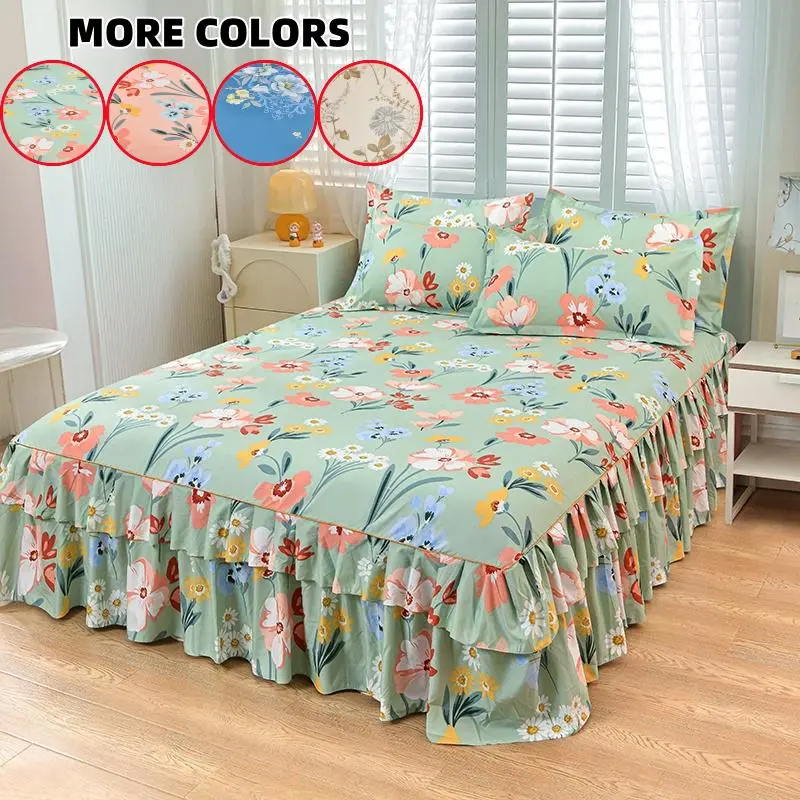 Floral Print Ruffled Edge Bed Skirt Set, 2/3-piece Set Including 1 Bed Skirt and 1 or 2 Pillowcases (without Filler), Soft, Comfortable, Breathable Decorative Bedding Set for Home, Bedroom and Hotel Bedskirt Set