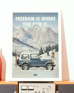 Vintage Jeep Renegade Poster, Winter Mountain Adventure Art