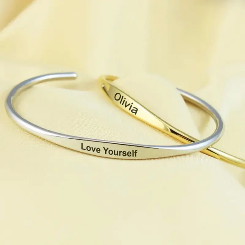 Engraved Name Birthdate Initials Roman Number Cuff Bracelet