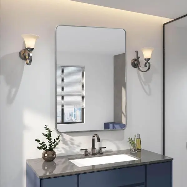 24×36 Inch Rectangular Bathroom Mirror – Silver Metal Frame, Wall Mounted Vanity Mirror with Anti-Rust Aluminum Alloy, Shatterproof HD Glass, Modern Durable Design for Bathroom or Home Decor