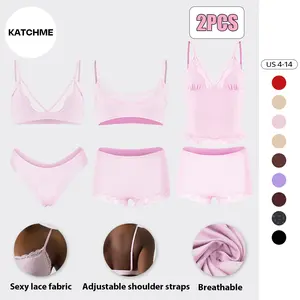 KatchMe Women's Minimalist Lace Series Spaghetti Strap Lace Trim Wirefree Breathable Bralette & Panties Set, Basic Lightweight Underwear Set