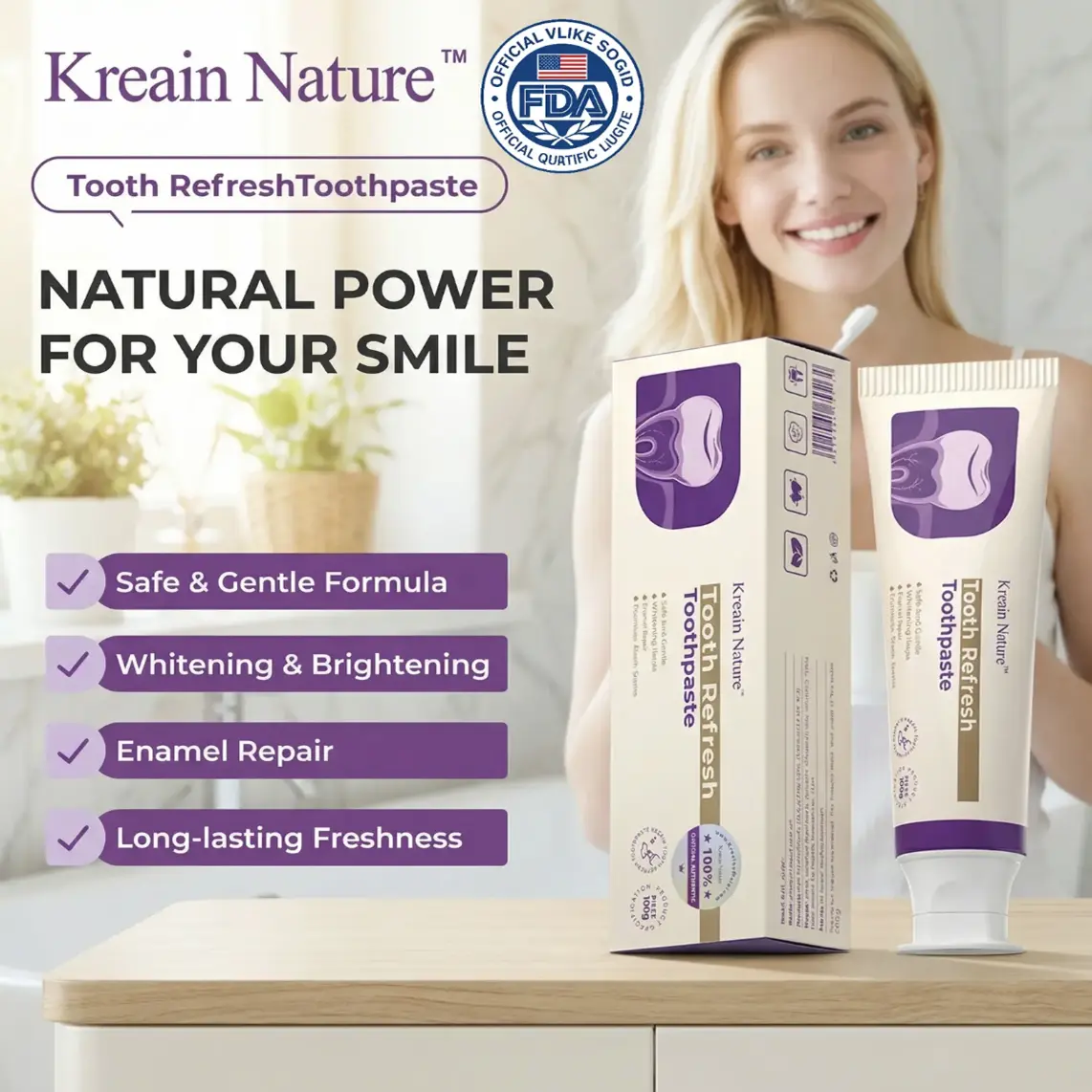 Kreain Nature Tooth Refresh Toothpaste – Fresh Breath Toothpaste with Natural Ingredients, Gentle Daily Oral Care, Whitening Toothpaste, Helps Remove Surface Stains, Supports Healthy Teeth and Gums, Suitable for Sensitive Teeth and Everyday Use