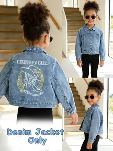 Girls' Denim Jacket Spring Fall, Western Cowboy Boots Pattern, Heart Star Prints, Casual Loose-Fit Outerwear for All Seasons