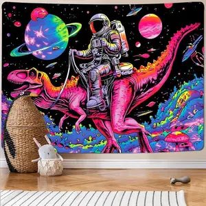 Peach Funny Space Astronaut Dinosaur Tapestry - 40x30in (102x76cm) Polyester Wall Hanging, Trippy Universe Planet Prints, Room Decor for Boys’ Bedroom