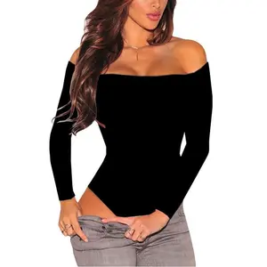 Women’s one-shoulder long-sleeve solid bodysuit tops; spring off-shoulder slim going-out shapewear bodysuit; basic cold-shoulder leotard fit shirts; women’s comfortable minimalist casual long-sleeve blouse outfit; black sexy.