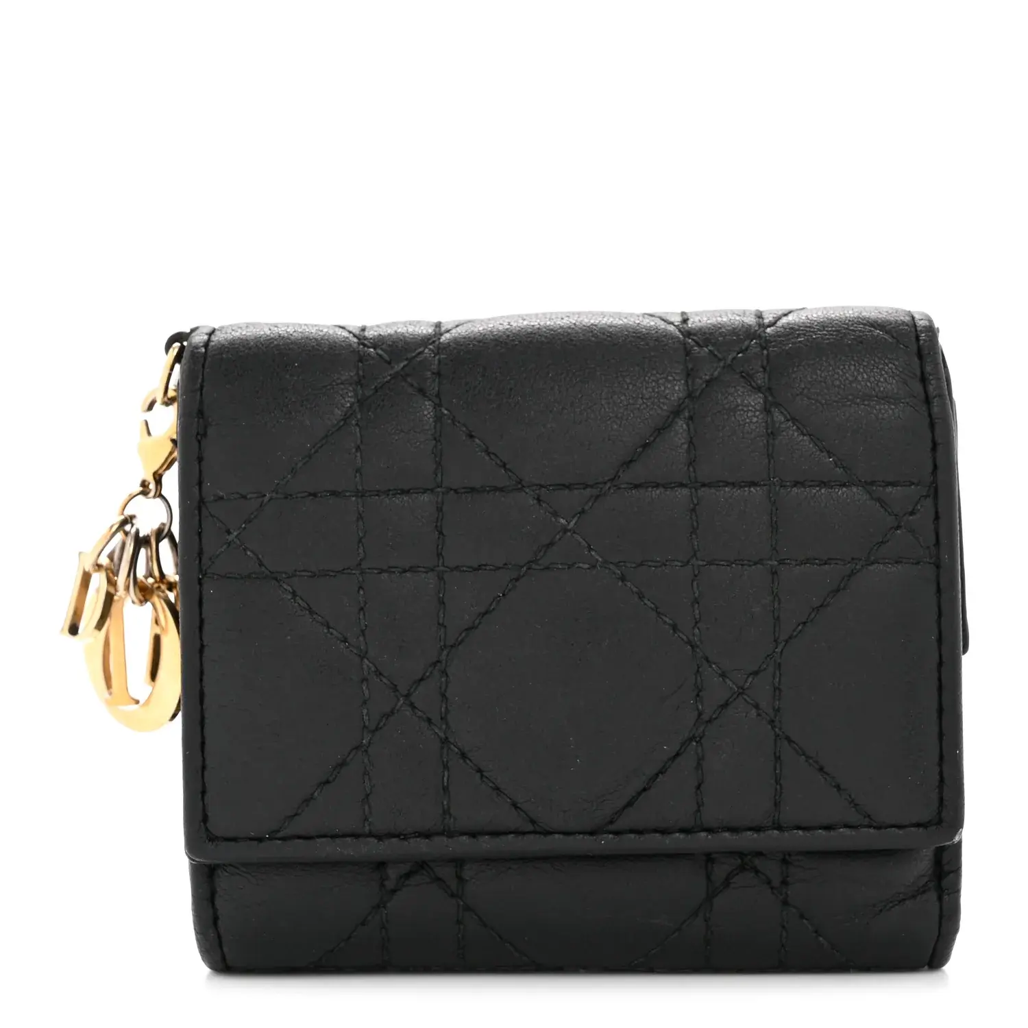 Pre-owned Dior Leather Small Leather Goods Lambskin Cannage Lady Lotus Wallet Black
