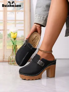 New Arrival Summer Women's Super High Heel Mules, Toe-closed Platform Shoes, Chunky Heel Comfort Slip-on Footwear, Buckle Decor Fashion High Heel Sandals, Sexy Solid Color Plus Size Lightweight Women's Shoes, Thick Soled Mules
