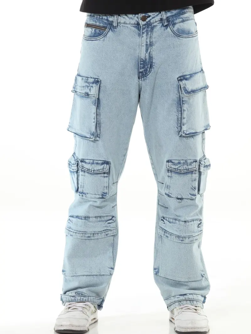 Acid Wash Blue Cargo Pocket Baggy Casual Streetwear Pants Jean