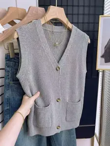 Women's Waffle Knit Vest, Sleeveless Button Front Cardigan with Pockets, Casual Basic V Neck Knitted Top, Fashionable Textured Button Vest, Sleeveless Clothing