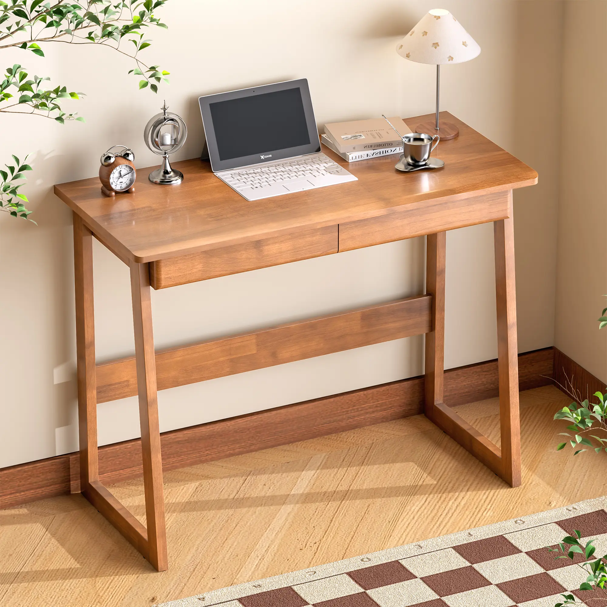 CocoHouse Solid Wooden Desk with Drawers - 39 x 18 Inch Narrow Desks for Small Spaces, Rubber Wood Study Table, Vintage Writing Desk with Drawers, Small Desks for Bedroom & Home - Walnut Color
