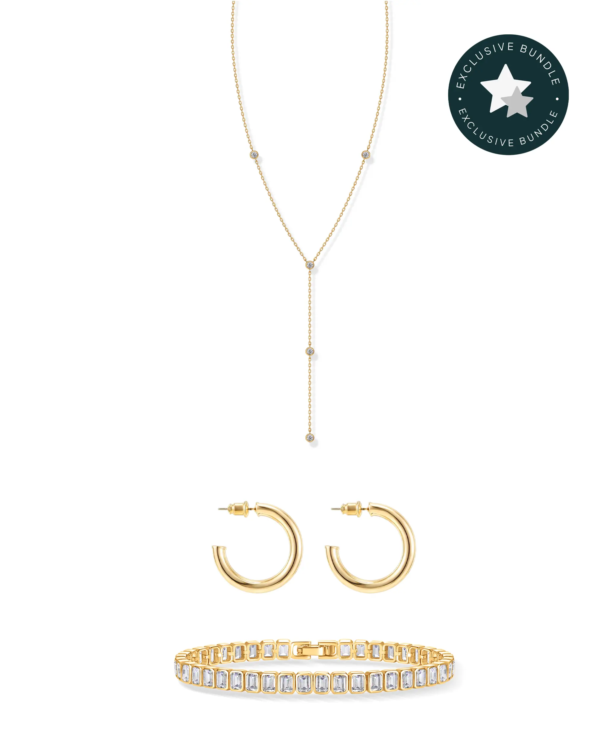 PAVOI 14K Gold Plated Timeless Jewelry Bundle for Women – Simulated Diamond Lariat Station Necklace, Infinity Gold Hoop Earrings & Radiant Cut Bezel Set CZ Tennis Bracelet - Gold Jewelry TikTok Exclusive Bundle