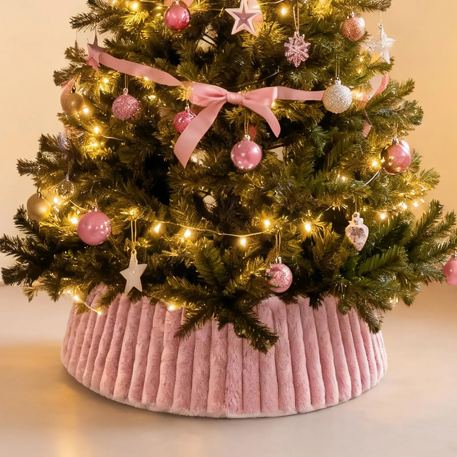 23"-28" Adjustable Pink Luxury Stripe-Textured Fur Plush Foldable Christmas Tree Collar - Classic Reusable Tree Base Cover Ring with Clips, Easy Setup & Storage for Xmas Holiday Work Decor, Party, Stripes