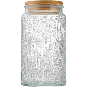 MIUVA Vintage Glass Jar with Airtight Bamboo Lid 7 Inch 35 Fl oz Food Storage Container for Candy Flour Oats Coffee Bean Pet Treats Sunflower Design Canister for Kitchen Organization Thanksgiving tableware Value Pack Christmas