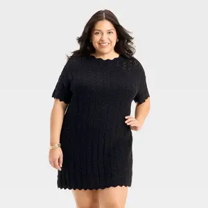 Women's Short Sleeve Pointelle Mini Sweater Dress - A New Day
