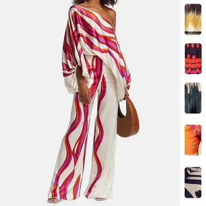 2026 Spring New Women's Clothing Set Printed Batwing Sleeve Waist-Cinching Wide-Leg Pants Set