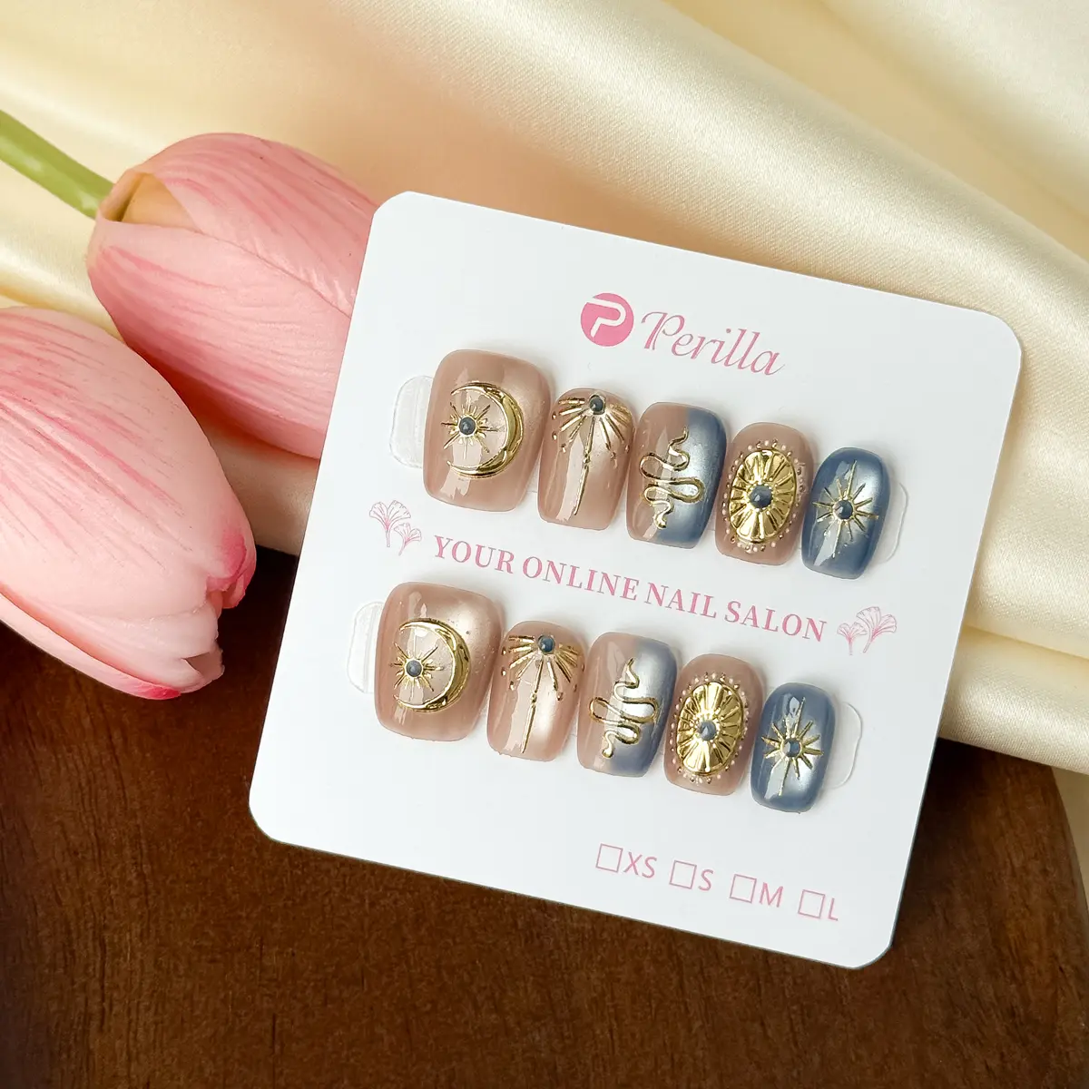 Perilla EX1-EX30 Super Short Handmade Press On False Nails Cat Eye Floral French Tips Butterfly Glue On Nails with Tool Kit
