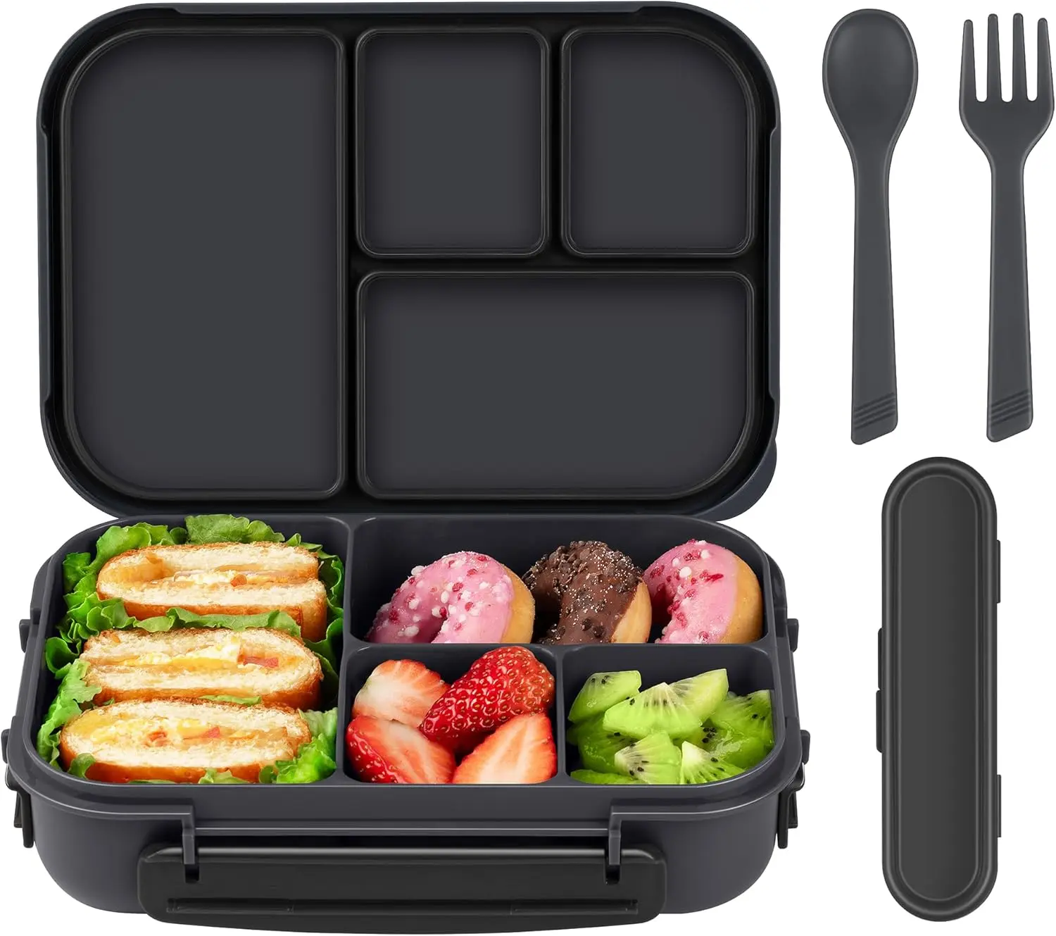 Lunch Box ,Bento Box Adult,Leakproof Lunch Containers for Adults//,1200ML-4 Compartments bento Lunch box with Utensil,Microwave & Dishwasher & Freezer Safe (Dark Gray)