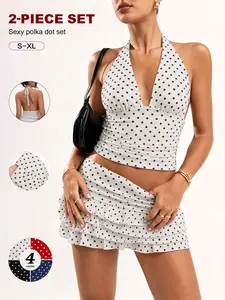 Women's Polka Dot 2 Piece Set, Sexy Halter Backless Crop Top & Ruffled Mini Skirt, Summer Tummy Control Beach