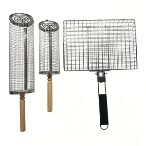304 stainless steel barbecue grill three-piece set, portable outdoor grill, round rolling barbecue tube with wooden handle, BBQ meat barbecue cage, outdoor smoke barbecue smoker, portable rotating roller barbecue mesh three-piece set