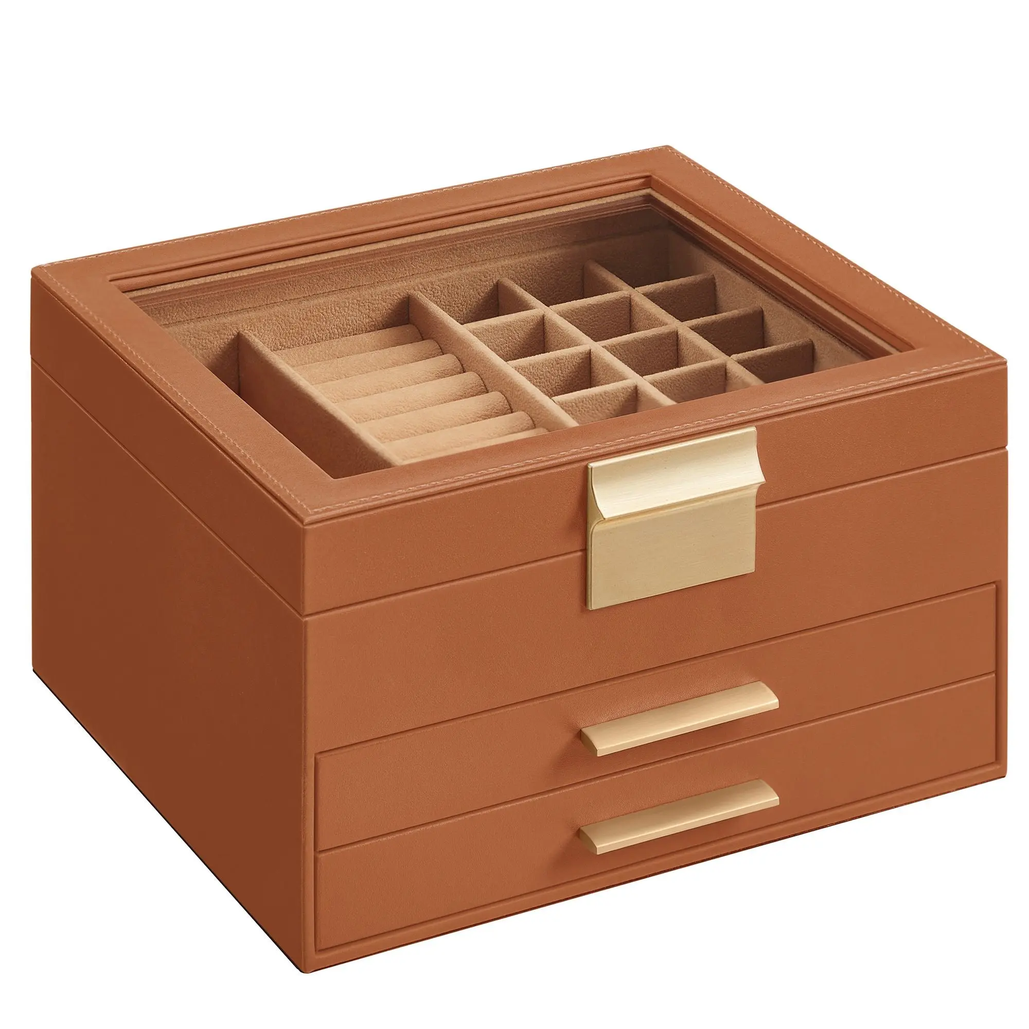 SONGMICS MDF Jewelry Storage Box, 1-Piece Velvet Organiser with Glass Lid and Ring Holder