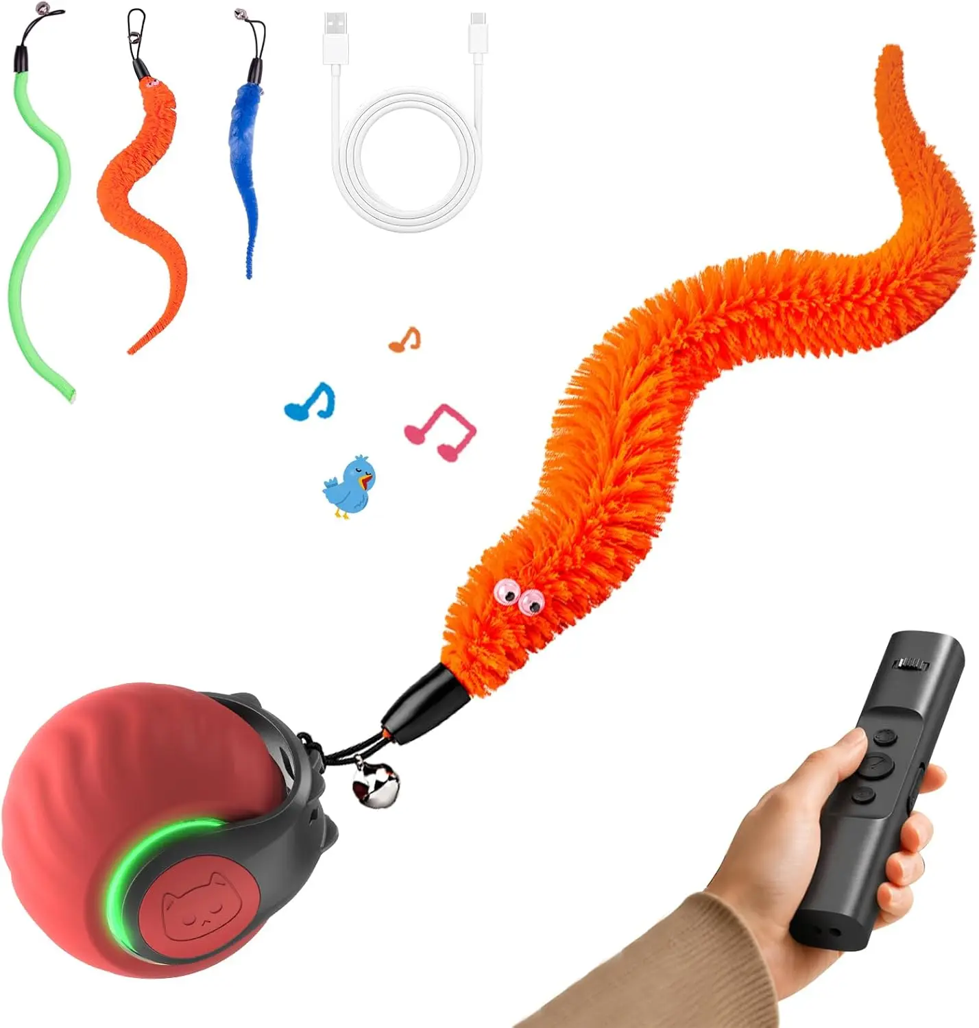 Geamen Laser Pointer, Cat Toys with Bird Sounds & 3 Speed Modes, Rechargeable Automatic Moving Cat Toy with 3 Tails, Fast Charging Smart Rolling Ball for Indoor Cats to Chase Play on Hard Floor Carpet